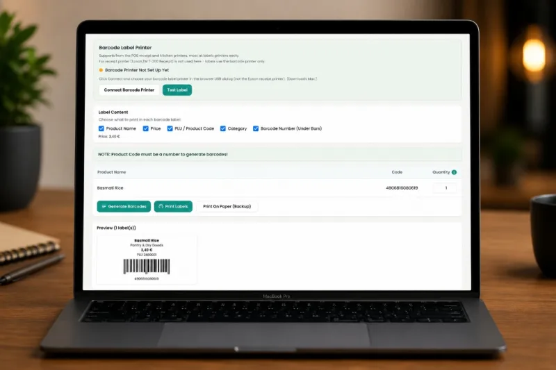 Billdish barcode label printer on MacBook — Basmati Rice label preview and print controls