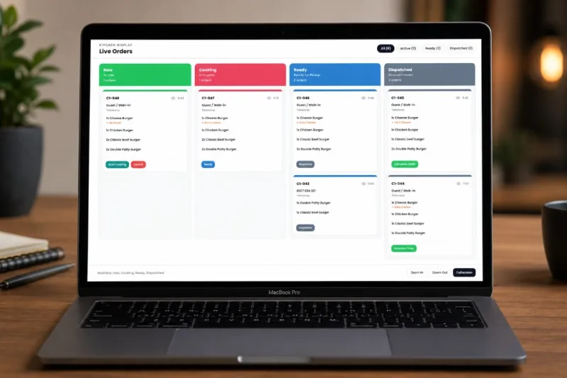 Billdish kitchen display on MacBook — live orders across New, Cooking, Ready, and Dispatched