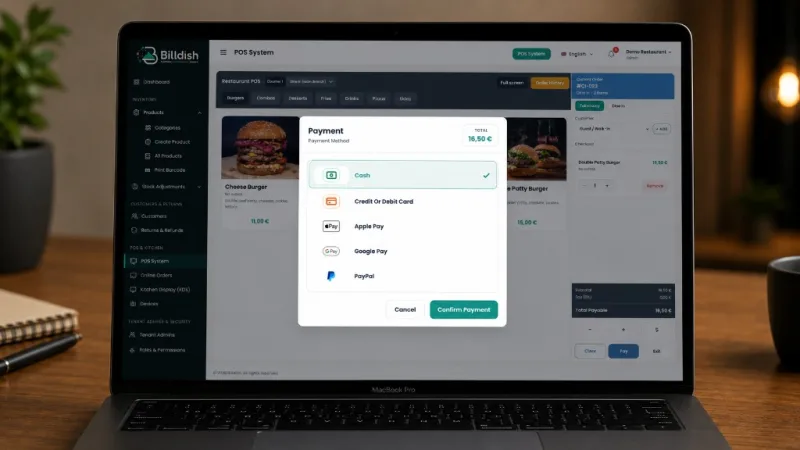Billdish payment modal on MacBook — cash, card, Apple Pay, Google Pay, and PayPal