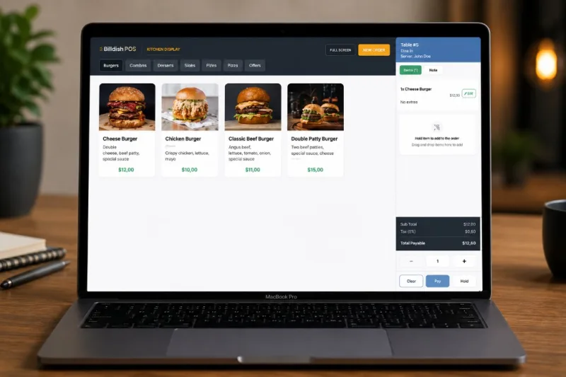 Billdish restaurant POS on MacBook — menu categories, burgers, and checkout panel