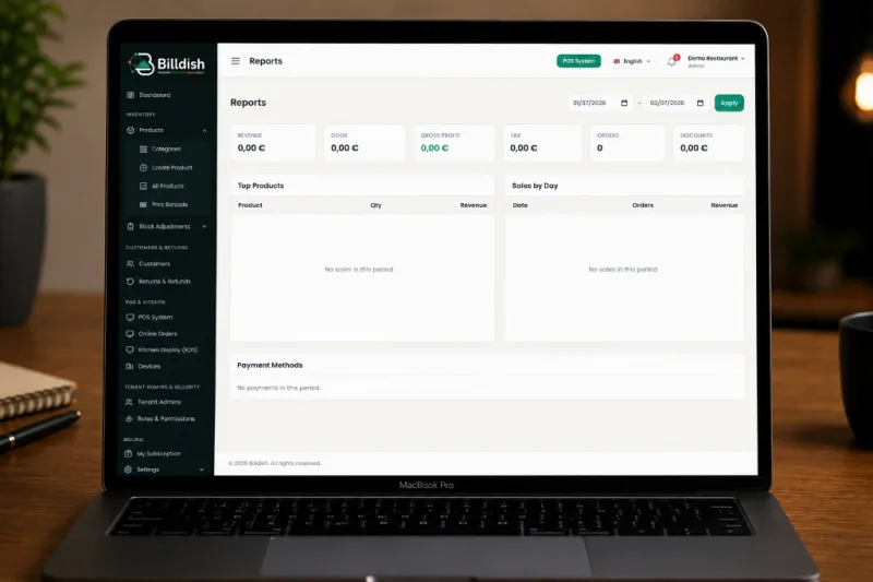 Billdish reports on MacBook — revenue, COGS, gross profit, tax, and sales by day
